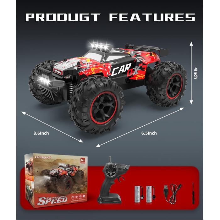 Радіокерований позашляховик Carox 1:18, 2.4 GHz, 25 км/год, червоний. RC монстр-трак з підсвіткою для гри