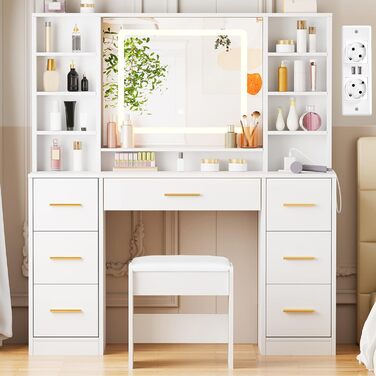 Великий туалетний столик ANWBROAD з регульованою LED-підсвіткою (3 кольори), розетками, дзеркалом та пуфом. 7 висувних ящиків, 4 полиці. Колір: білий. Розміри: 140x100x40 см.
