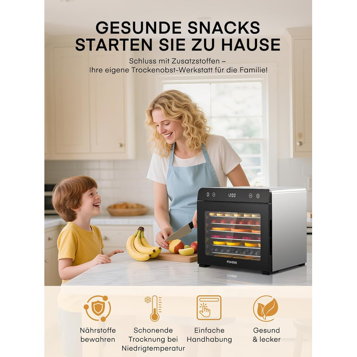 Електричний дегідратор FOHERE з нержавіючої сталі, 650W, 8 ярусів, таймер 48h, 35-75°C - для овочів, м'яса, трав, здорових перекусів та кемпінгу