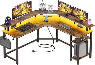 Комп'ютерний стіл Rolanstar L-подібний з RGB підсвічуванням та розетками, геймінговий стіл з полицею та гачками, для офісу, робочого кабінету, спальні (117 см, Vintagebraun, 137 x 137 x 87 см)