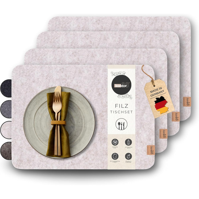 Набір килимків на стіл Kontor28® з фетру (4 шт., бежевий) | З переробленого rPET-фетру, миючі, стійкі до подряпин та тепла | Made in Germany