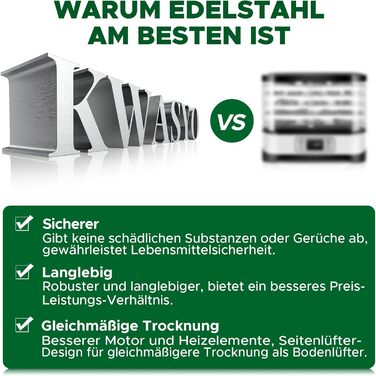 Електросушарка для овочів, м'яса та фруктів Kwasyo з нержавіючої сталі, 8 ярусів, 6 листів для сушіння, рецепти, без BPA, 30–90°C, до 24 год