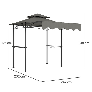 Газонний павільйон для барбекю 242x149x248 см, водовідштовхувальний, вогнестійкий, сірого кольору. Оснащений двошатровим дахом.