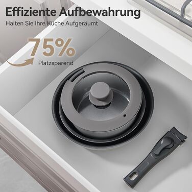 Набір посуду 9-ти частинний з знімним ручками, антипригарне покриття, для всіх типів плит, включаючи індукційні, сумісний з духовкою (сірий)