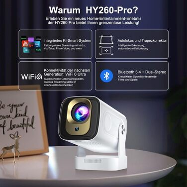 Beamer 4K HY260pro: Портативний проєктор з Wi-Fi 6, Bluetooth 5.4, Android TV, 180° обертанням, 18000 люмен, 5W динамік для дому та відпочинку