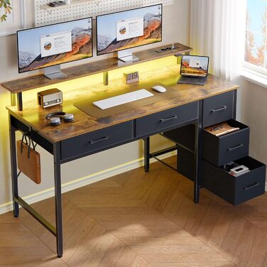 Комп'ютерний стіл Seventable з розетками та LED-підсвічуванням, 100 см, ігровий, 5 шухляд, з підставкою для монітора, для офісу, кабінету, спальні, вітальні (Вінтаж-коричневий, 140 см)