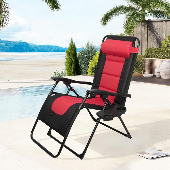 Розкладне ліжко для саду, широке 72 см, з підстаканником та подушкою, для відпочинку на вулиці (червоне)