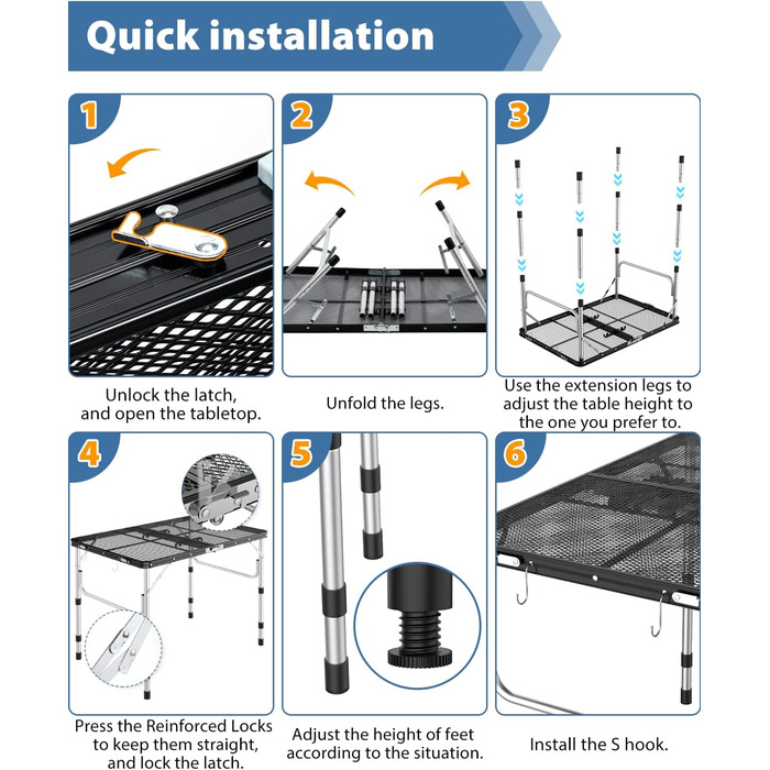Розкладний стіл для кемпінгу, 90x60 см алюмінієвий кемпінговий стіл Максимальне навантаження 31,8 кг, Кемпінговий стіл регулюється по висоті (40 см, 60 см і 70 см) для пікніка Гриль Приготування їжі Сад Походи Подорожі Чорний