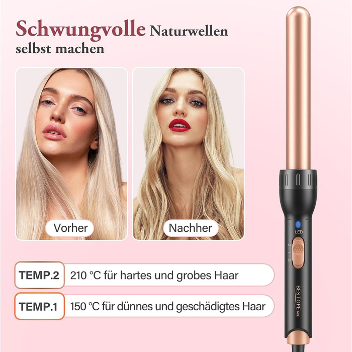 BESTOPE MIX Локкенстаб 5-в-1: Набір для завивки волосся з керамічним покриттям, різні насадки (9-32 мм), швидкий нагрів, регулювання температури для довгого та короткого волосся (золотий)