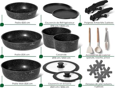 Набір кухонного посуду Just Perfecto 18 предметів з антипригарним покриттям, знімні ручки, для всіх типів плит (індукційні), без PFOA, чорний