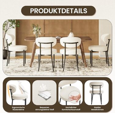 COLAMY Комплект обідніх стільців 4 шт. з м'яким сидінням 10 см – Сучасні м'які стільці з плюшевої тканини Teddy, з міцним металевим каркасом – Для кухні та вітальні, Білий. Комплект 4 шт.