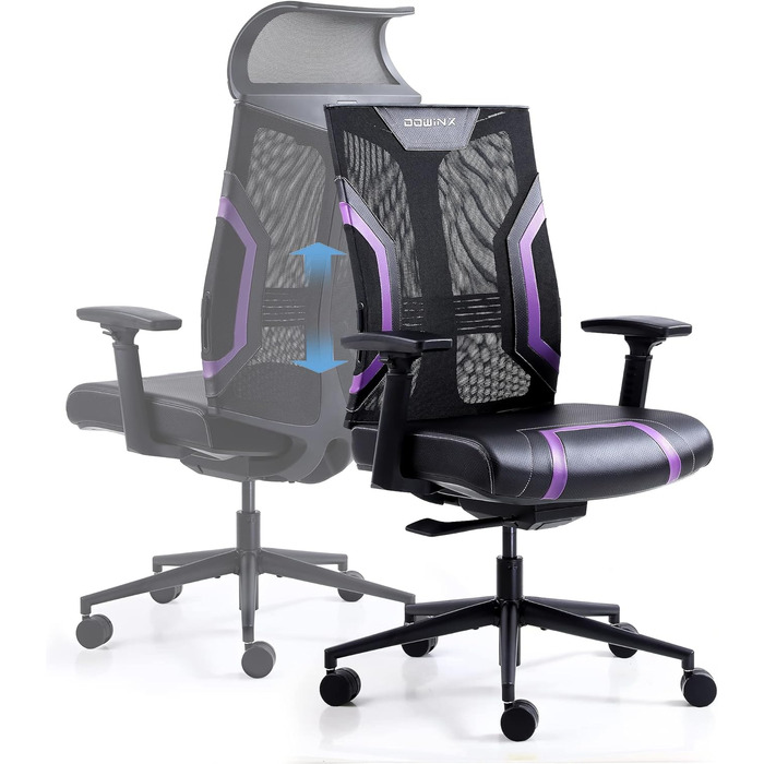 Ігровий крісло Dowinx з 3D підлокітниками, офісне крісло, ергономічне, з функцією гойдання, шкіряне, поворотне, для офісу та дому, чорний, сірий (чорний, фіолетовий)