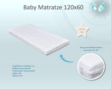 Дитяче ліжко Baby Delux 60x120 біле розкладне молодше ліжко з ящиком, матрацом і мотивом Teddy Rocker