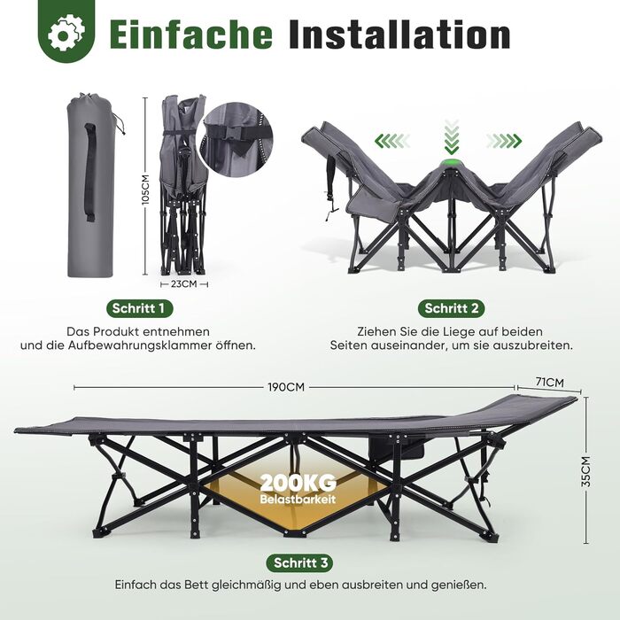 Розкладне ліжко для кемпінгу Sekey XXL (190x71x35 см), посилене сталеве ліжко-трансформер з тканиною Oxford, сіре (без матраца)