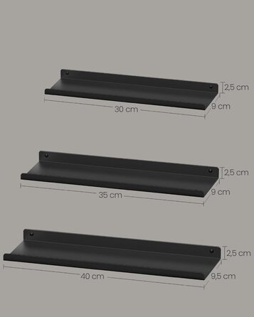 Набір металевих настінних полиць SONGMICS (3 шт), підвісні полиці в індустріальному стилі для вітальні, кухні та ванної кімнати, чорні, LFS12BK