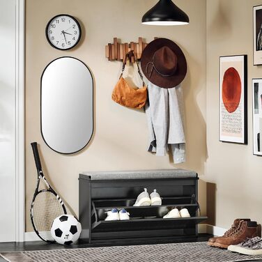 SoBuy Взуттєва шафа з 2 відкидними кришками, вузька, з 4 полицями, білий колір, розмір 61x100x26 см, FSR165-W, з довгою лавкою, чорний колір