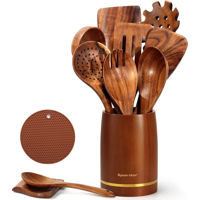 Набір кухонного приладдя Spardar з дерева, 12 шт: ложки, шумовки, підставка, рукавиці. Колір: помаранчевий, коричневий