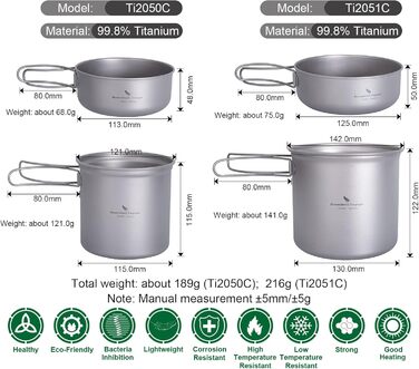 Набір посуду для кемпінгу iBasingo з титану: каструля та сковорода з складаним ручками. Легкий набір для приготування їжі на природі, туризму та пікніків. Модель Ti2052C