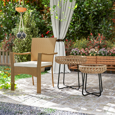 Outsunny Набір з 2 бічних столів Poly Rattan Ø60/41 см Круглий стійкий до погодних умов садовий стіл з регульованими подушечками для ніг X-Legs Відкритий балконний столик Журнальний столик Садові меблі для саду, балкон коричневий | Аосом