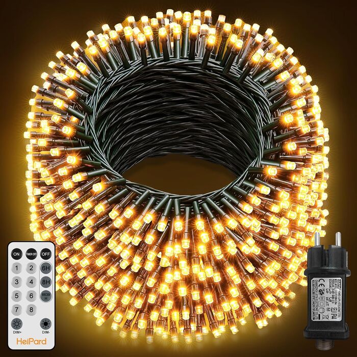 Гірлянда світлодіодна для прикраси ялинки та декору, 60 м, 600 LED, 8 режимів, вологостійка, з пультом, таймер, диммування, тепле біле світло, для дому та саду