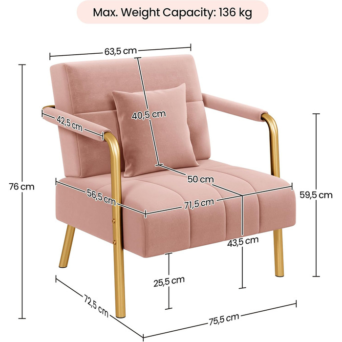 Yaheetech м'яке диван з підлокітниками та металевими ніжками, сучасний двомісний диван з 2 подушками для попереку, Loveseat для вітальні/спальні (75,5 см ширини, Рожевий)