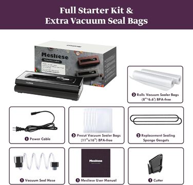 Вакууматор для продуктів Mesliese 6-в-1, потужність 90 кПа, компактний вакуумний пакувальник з різаком, режимами для сухих та вологих продуктів, набором пакетів (Темно-сірий)