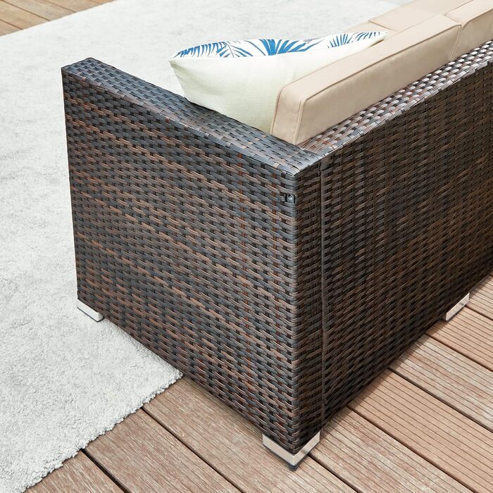 Садовий набір меблів SONGMICS для балкона та тераси з ротангу PE, кутовий диван, лаунж-сет з подушками та скляним столом (коричневий + бежевий)