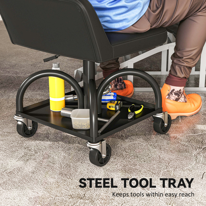 Зручний стілець-табурет для майстерні на колесах з полицею, висотою 58,5 см, здатний витримувати навантаження до 135 кг, чорного кольору.