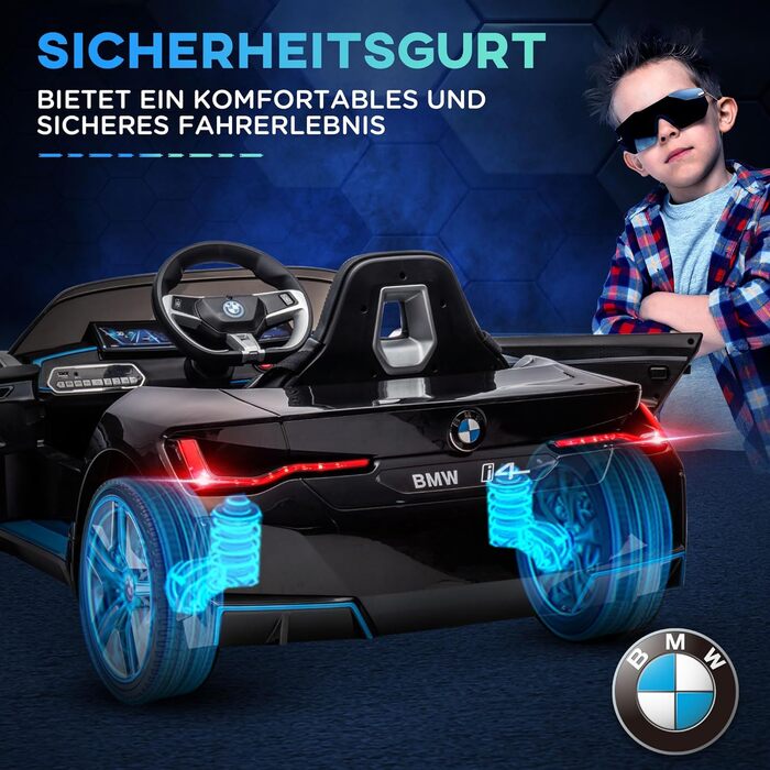 Дитячий електромобіль HOMCOM BMW з пультом, фарами, MP3, ременем безпеки, 3-5 км/год, чорний, для дітей 3-5 років