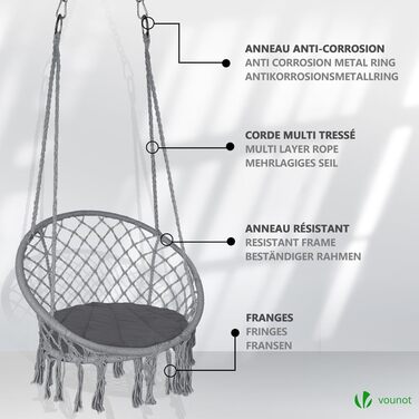Підвісне крісло-гойдалка VOUNOT з полицею для книг та подушкою, для дому та саду, діаметр сидіння 80 см, X-Large, сірий колір