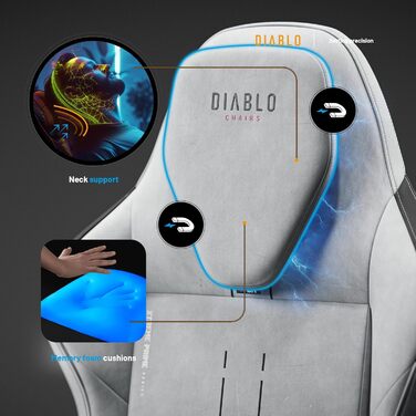Ігровий крісло Diablo Gaming X.One Prime з підголівником та охолодженням. Міцний металевий каркас, регульовані підлокітники. Макс. вага: 140 кг (Сірий)