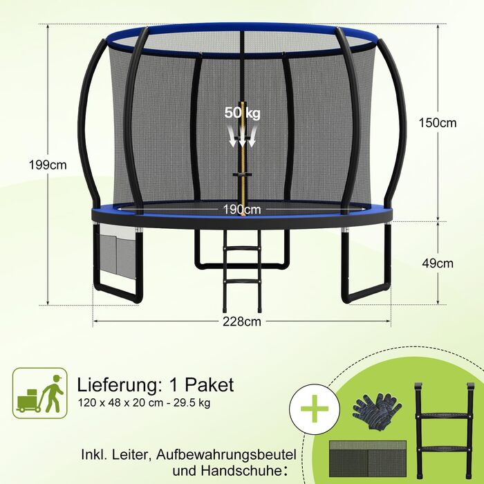 Батут Devoko вуличний Ø228/305/366/427/488 см, з сіткою безпеки та драбиною, дитячий садовий батут, блакитний колір