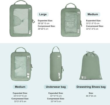 Набір компресійних органайзерів для валізи та рюкзака ECOHUB, 5 предметів, зелений