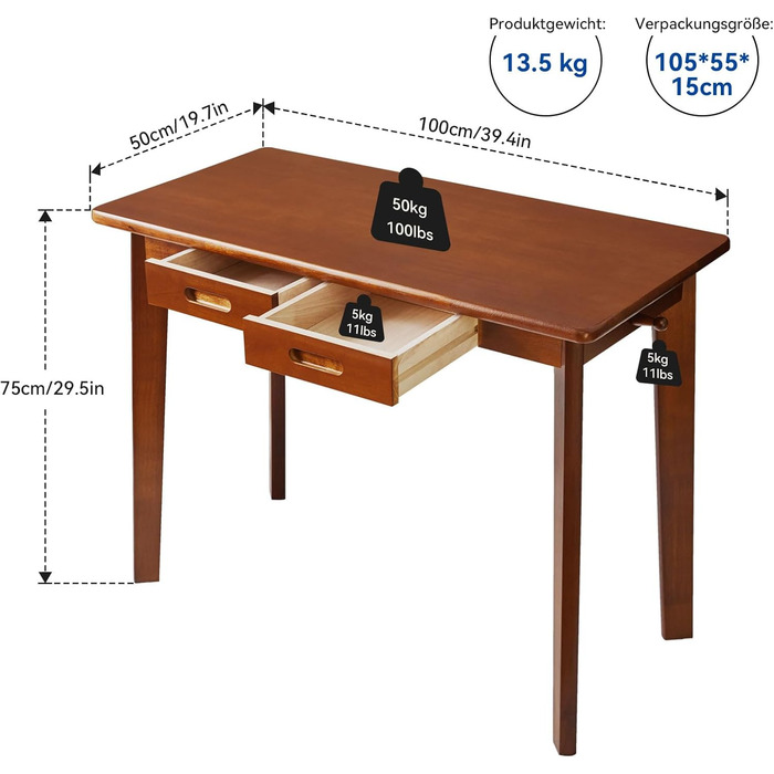 Дерев'яний письмовий стіл з шухлядою та вішалкою, 100x50x75 см, YD-WD01N, Рустикальний коричневий