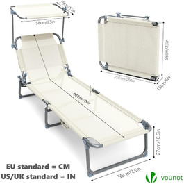 Лежак для відпочинку Vounot (2 шт.) - розкладний, з регульованою спинкою та захистом від сонця. Підходить для саду, басейну, тераси (бежевий)