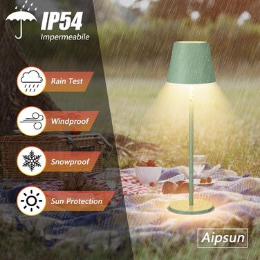 Aipsun LED настільна лампа акумуляторна, регульоване світло, зелена, 5500mAh, IP54, для ресторану, спальні, бару