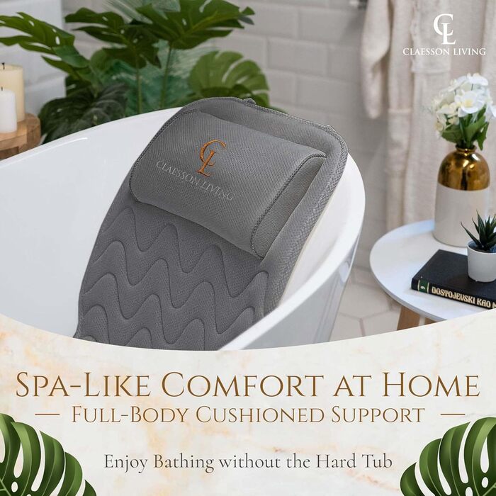 Подушка для ванни для всього тіла 125x43см - Подушка для ванни з підголовником для підтримки шиї, спини та ніг - З мішком для прання та подорожей та гачком для швидкого сушіння - Сіра