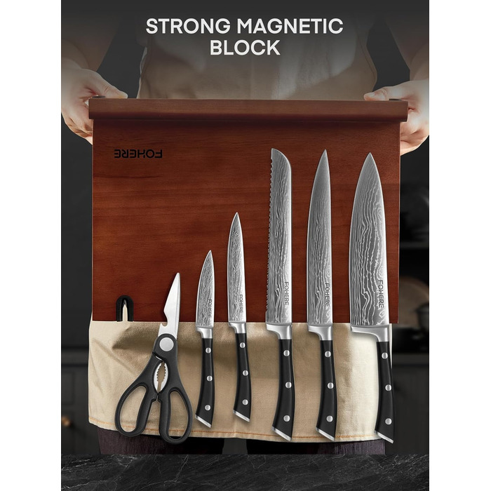 Набір ножів FOHERE 7 предметів: кухонний, для хліба, овочевий, з точилкою та магнітним блоком з нержавіючої сталі та дерева