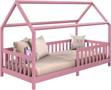 Ліжко для дому IDIMEX NINA з масиву сосни в рожевому кольорі, красиве ліжко Монтессорі 90 х 200, симпатичне індійське ліжко з дахом