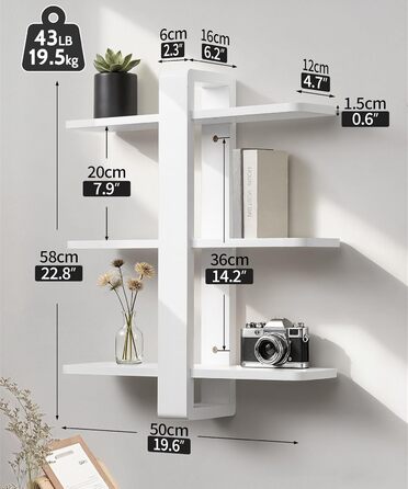 Полиця настінна дерев'яна SUMGAR, плаваючі полиці, 3-ярусна, біла 50x58 см для вітальні, спальні