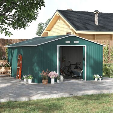 Outsunny Garden сарай 12,4 м², садовий сарай з односхилим дахом, розсувні двері, фундамент, 340 x 386 x 200 см, садовий сарай з оцинкованої сталі, стійкий до погодних умов, для саду, темно-зелений | Аосом