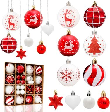 Новорічні кулі червоні білі, пластикові, небиткі, набір для прикраси ялинки, різдвяні прикраси в приміщенні / на відкритому повітрі, 38 шт.