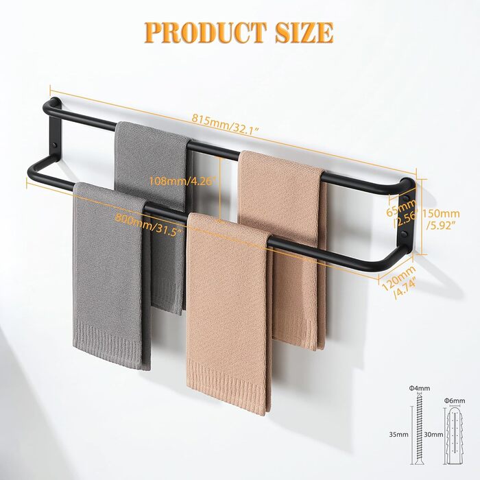 Тримач для рушників подвійний, 80 см, нержавіюча сталь 304, чорний колір, для ванної кімнати та кухні