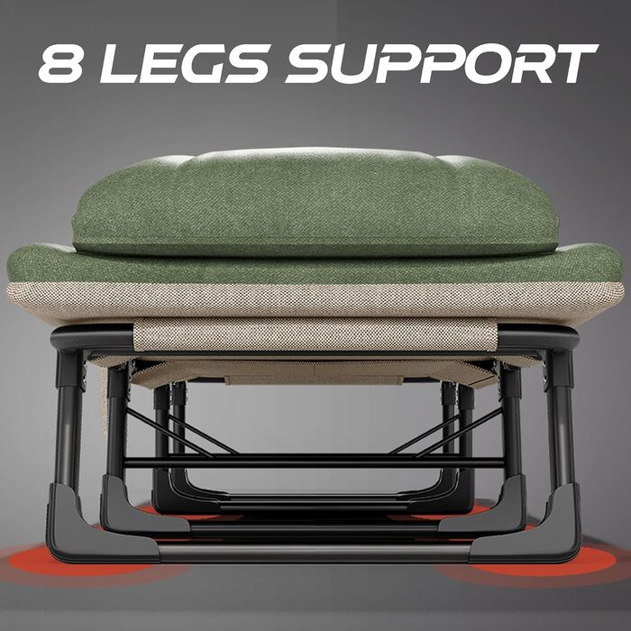 Розкладне кемпінгове ліжко XXL — Широка складана койка-розкладачка з регульованою спинкою для відпочинку, риболовлі та саду, зелена