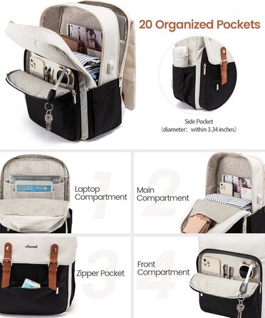 LOVEVOOK Рюкзак для жінок, рюкзак для ноутбука 15.6 дюймів, водонепроникний, для роботи, навчання, подорожей, стильний, бежевий & кавовий колір