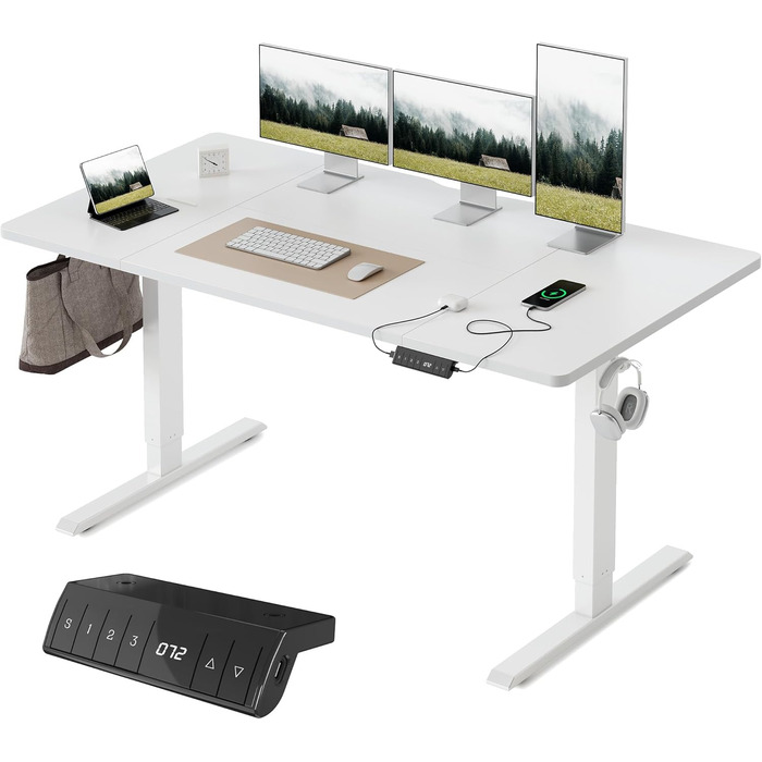 FEZIBO Стол підйомний електричний з USB-A та USB-C, 160 x 80 см, білий. Ергономічний стіл для дому та офісу