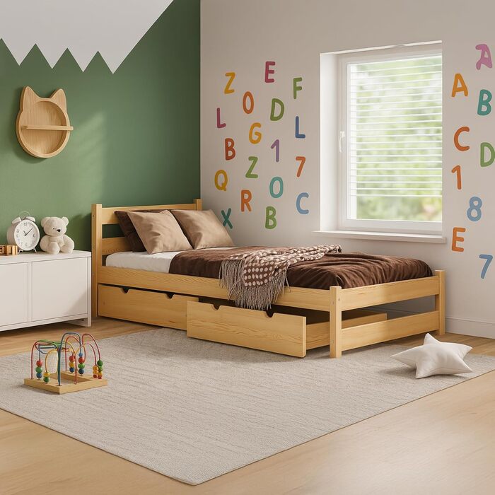 Дитяче ліжко Врубель 90x200 см з 2 шухлядами та ламелями - односпальне ліжко з масиву сосни - ліжко Монтессорі для дітей - ліжко-юніор білого кольору - без матрацу