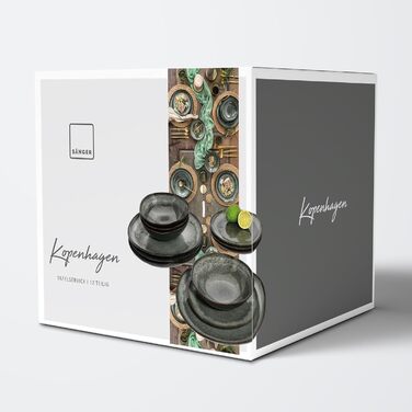 Набір посуду SÄNGER Копенгаген 12 предметів, керамічний, на 4 особи: обідні, сніданкові та глибокі тарілки, зелено-сірий, для посудомийної машини | PREMIUM COLLECTION