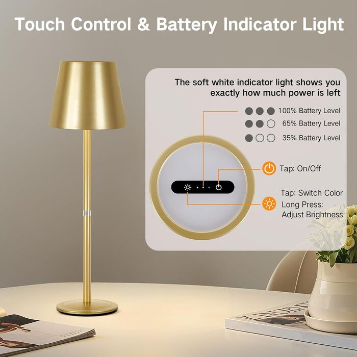 LED-лампа настільна бездротова OUTON (2 шт.) з регулюванням яскравості, 3 режими кольору, USB-C зарядка, IP54, 30 годин роботи – для дому та вулиці, чорний/золотий