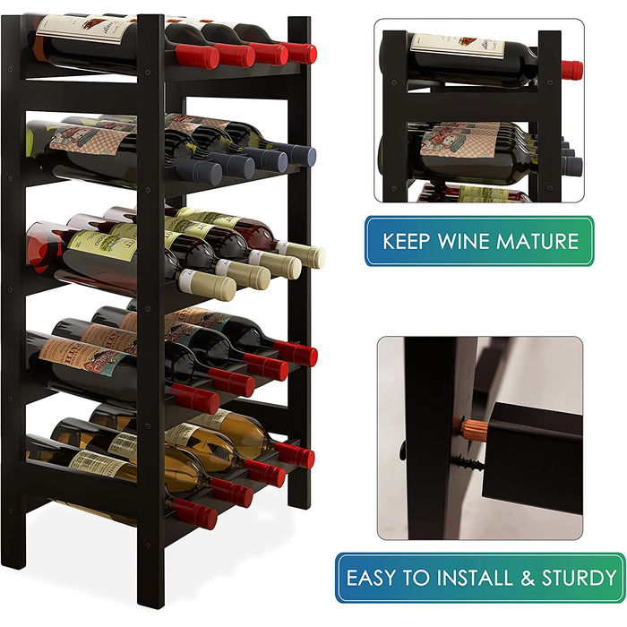 Стильна полиця для вина SMIBUY з бамбука на 20 пляшок, 5-ярусна, чорного кольору